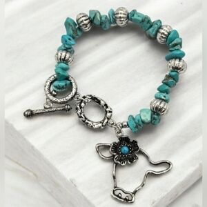 Handcrafted Western Cowgirl Turquoise Silver cow Beaded‎ Charm Bracelet (#040)